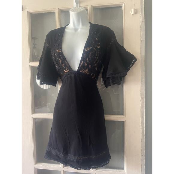 For Love and Lemons Carmine Black Lace Ruffle Sleeve Cami Mini Dress - Picture 7 of 8